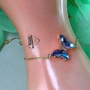 Pink & Blue Crystal Butterfly Bracelet Adjustable Fit  14K Gold Plating